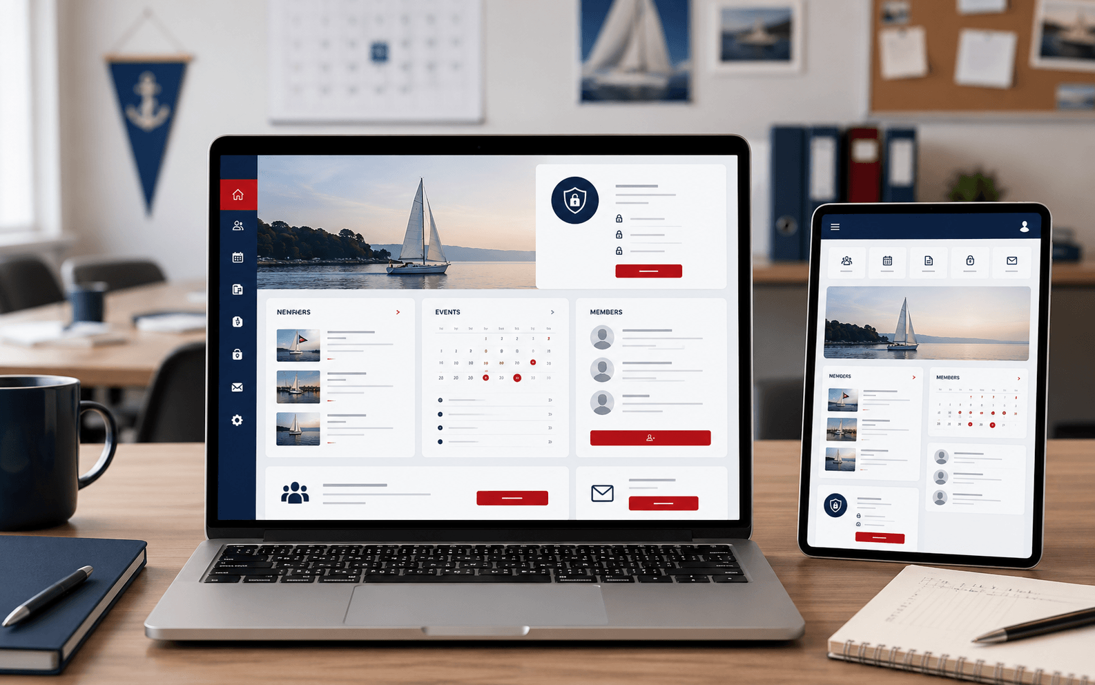 Moderne Vereinswebsite mit News Veranstaltungen Mitgliedschaft und Ansprechpartnern auf Laptop und Tablet