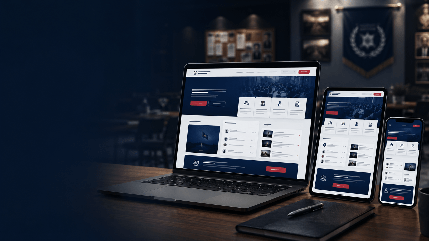 Moderne WordPress Vereinswebsite mit Mitgliedern Terminen und Ansprechpartnern auf Laptop Tablet und Smartphone